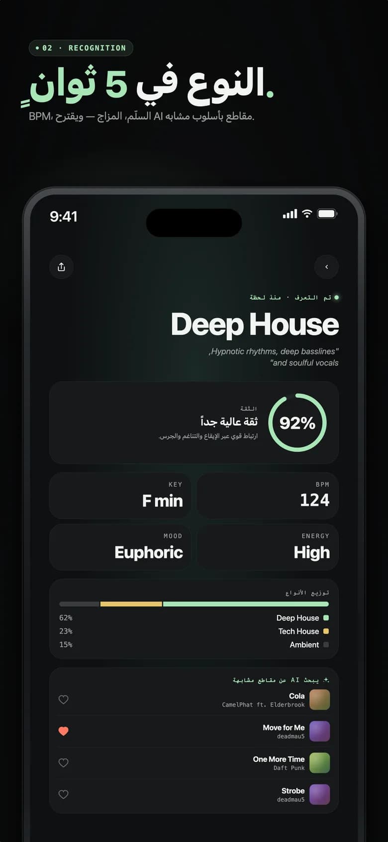 شاشة نتيجة Genre AI تعرض Electro House مع نسب الثقة المئوية