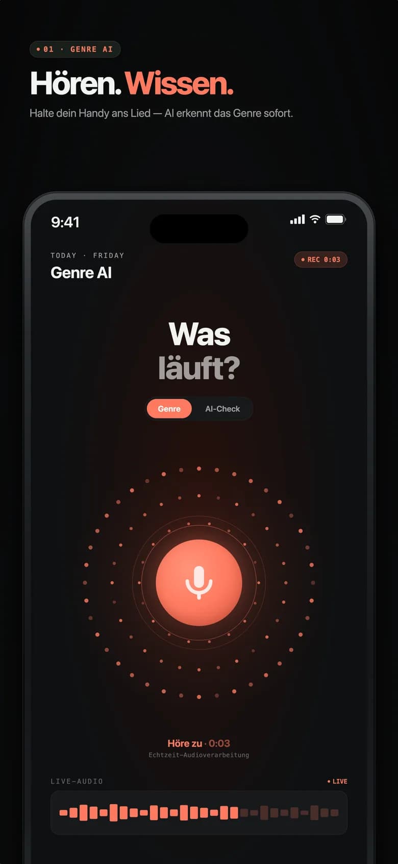 Genre AI Startbildschirm mit laufender KI-Analyse und leuchtender Kugel