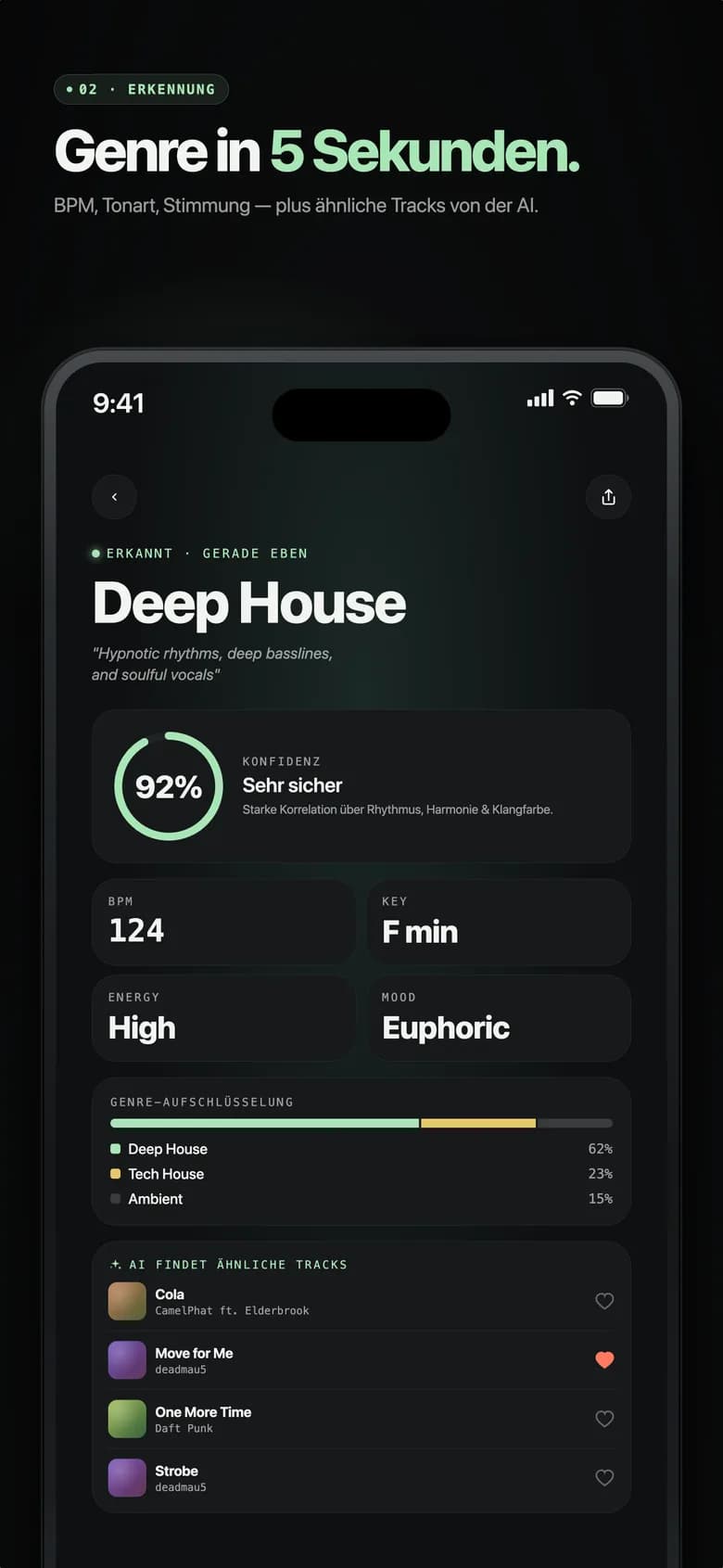 Genre AI Ergebnisbildschirm mit Electro House und Sicherheitsprozenten
