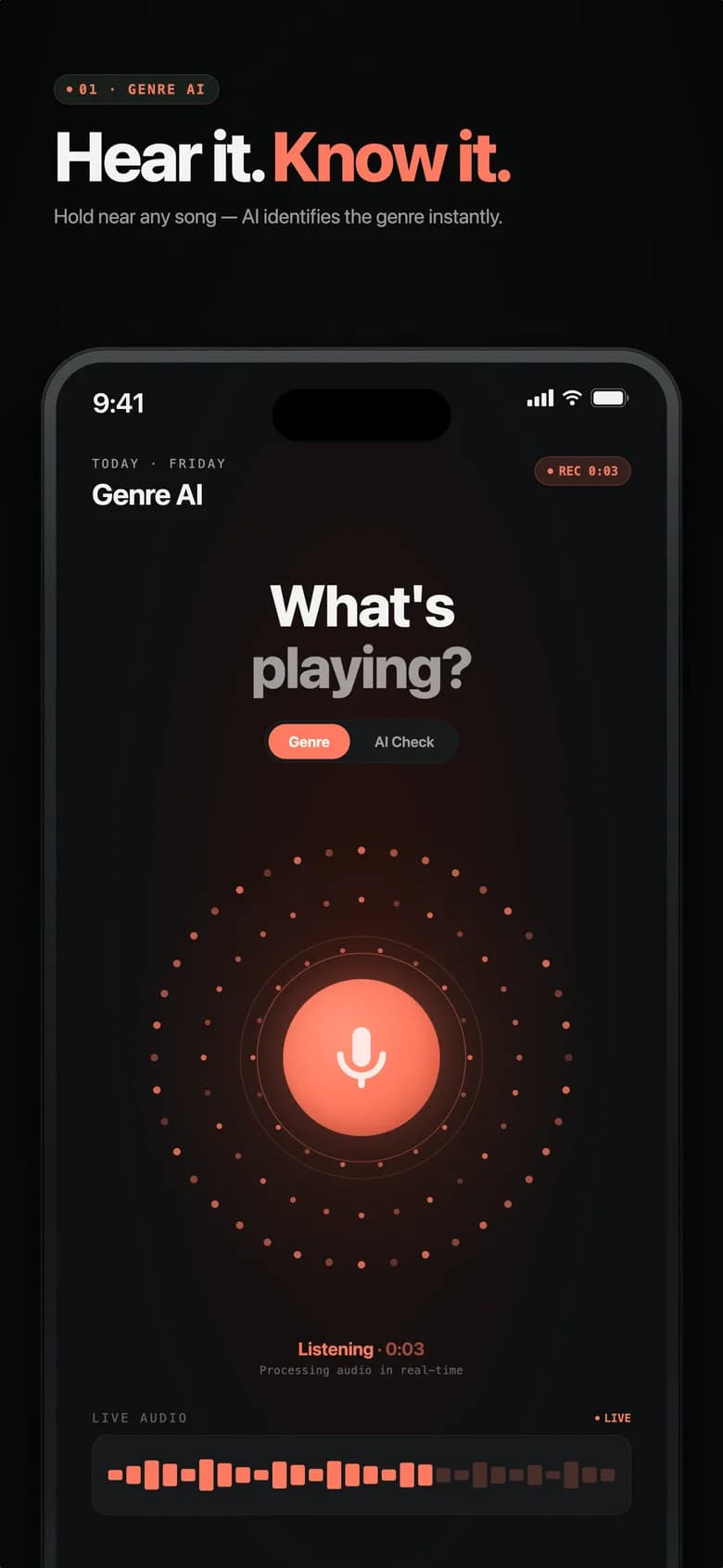 Genre AI home screen with Spectrum Halo, coral mic button and recent scans
