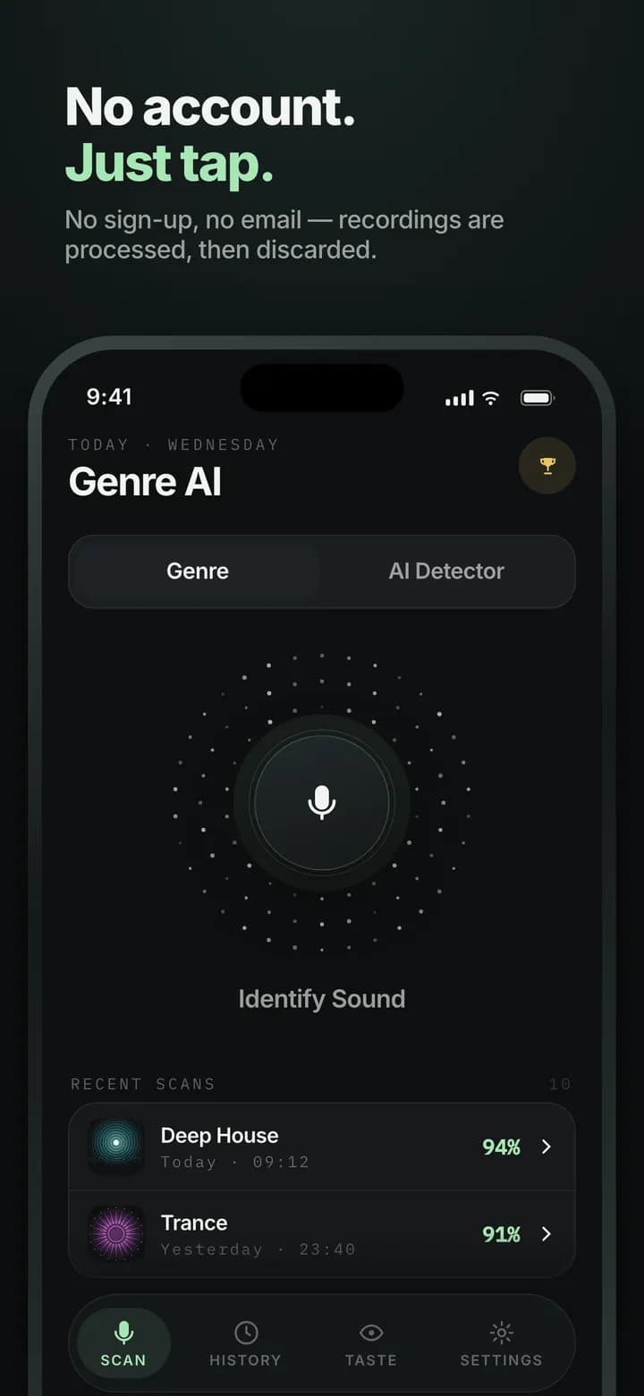 Genre AI — No account, no email — just tap