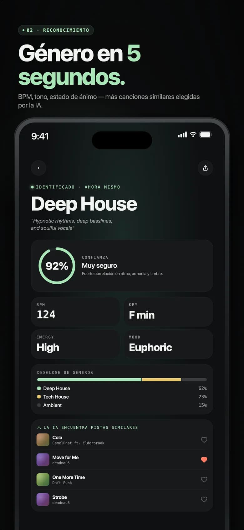 Pantalla de resultados de Genre AI mostrando Electro House con porcentajes de confianza