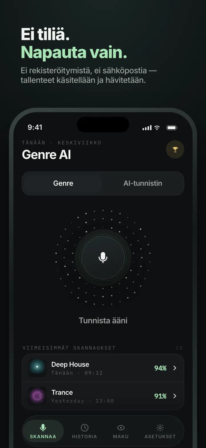Genre AI — Ei tiliä, ei sähköpostia — vain napautus
