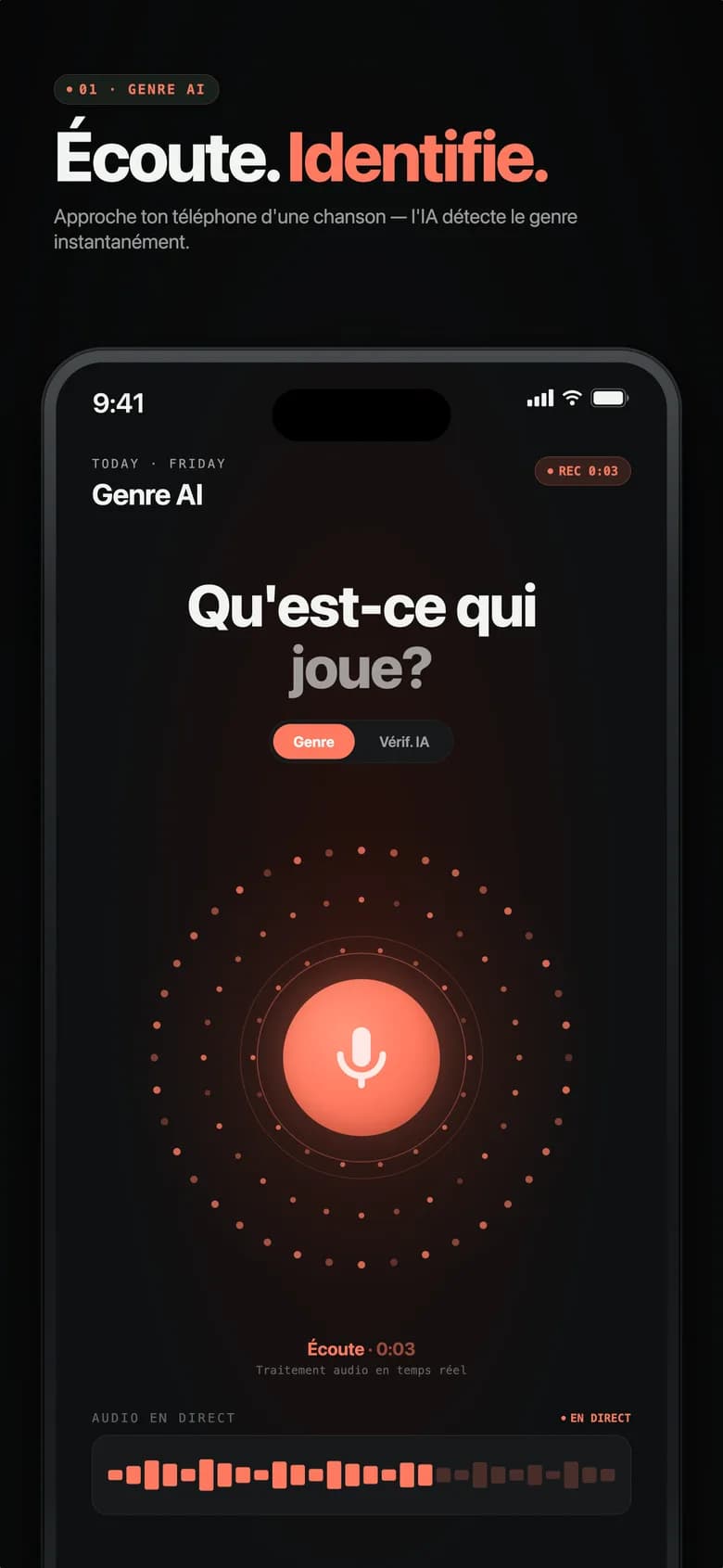 Écran d'accueil de Genre AI montrant une analyse IA en cours avec une sphère lumineuse