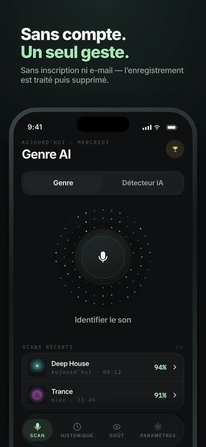 Genre AI — Sans compte, sans e-mail — un seul geste
