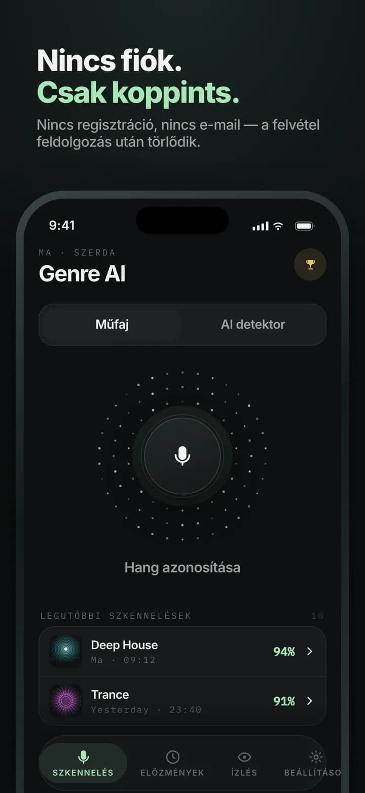 Genre AI — Nincs fiók, nincs e-mail — csak koppints