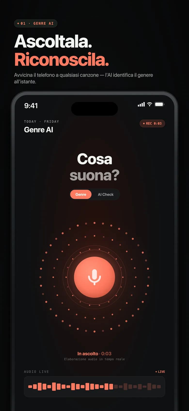 Schermata principale di Genre AI con analisi AI in corso e sfera luminosa