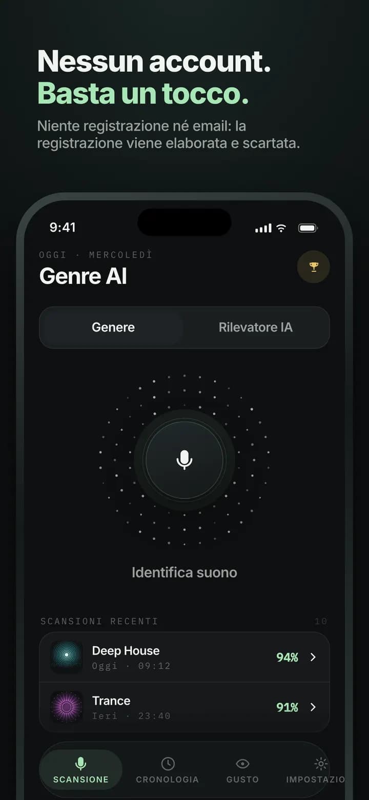 Genre AI — Niente account, niente email — basta un tap