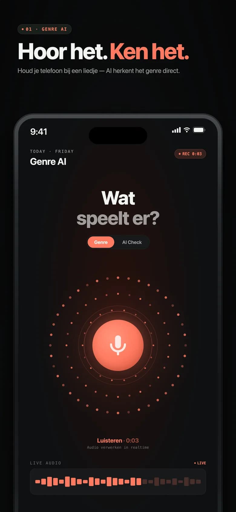 Genre AI startscherm met AI-analyse in uitvoering en een gloeiende bol
