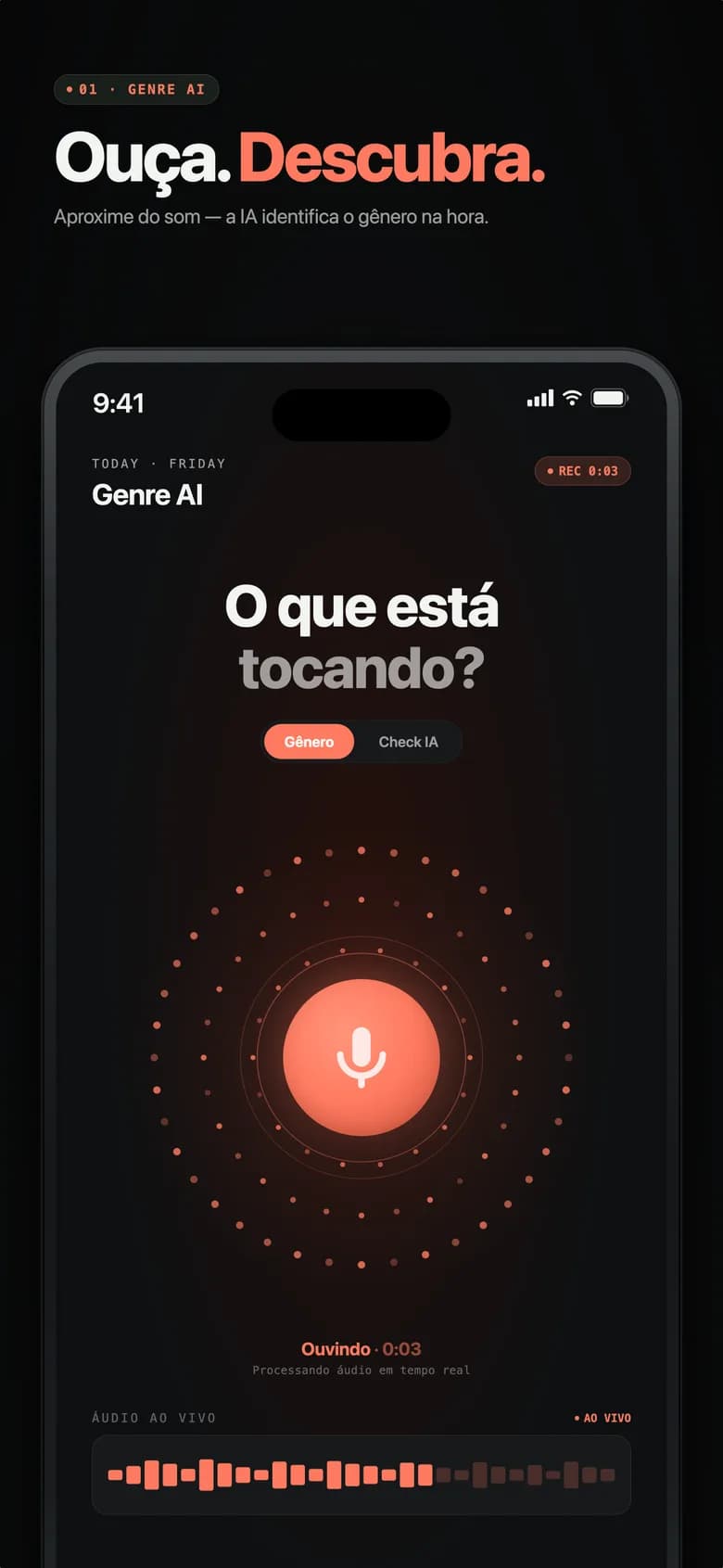 Tela inicial do Genre AI mostrando a análise de AI em andamento com um orbe brilhante