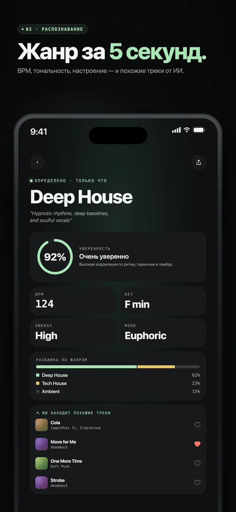 Экран результата Genre AI: Electro House с процентами уверенности