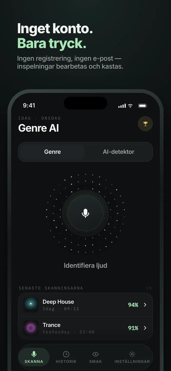 Genre AI — Inget konto, ingen e-post — bara tryck
