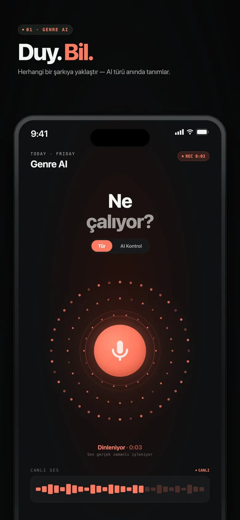 Parlayan küre ile devam eden AI analizini gösteren Genre AI ana ekranı
