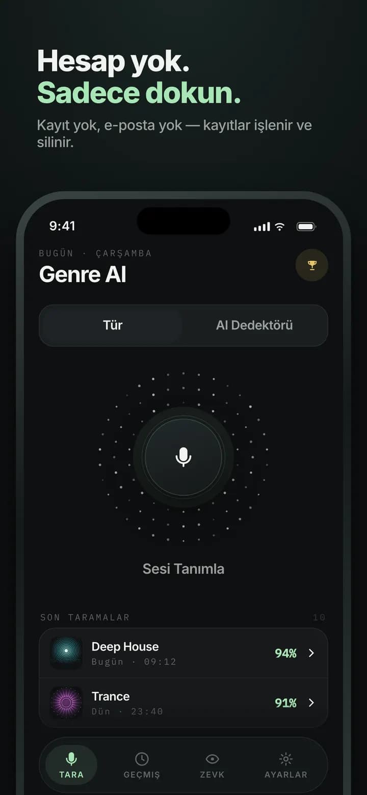 Genre AI — Hesap yok, e-posta yok — sadece dokun