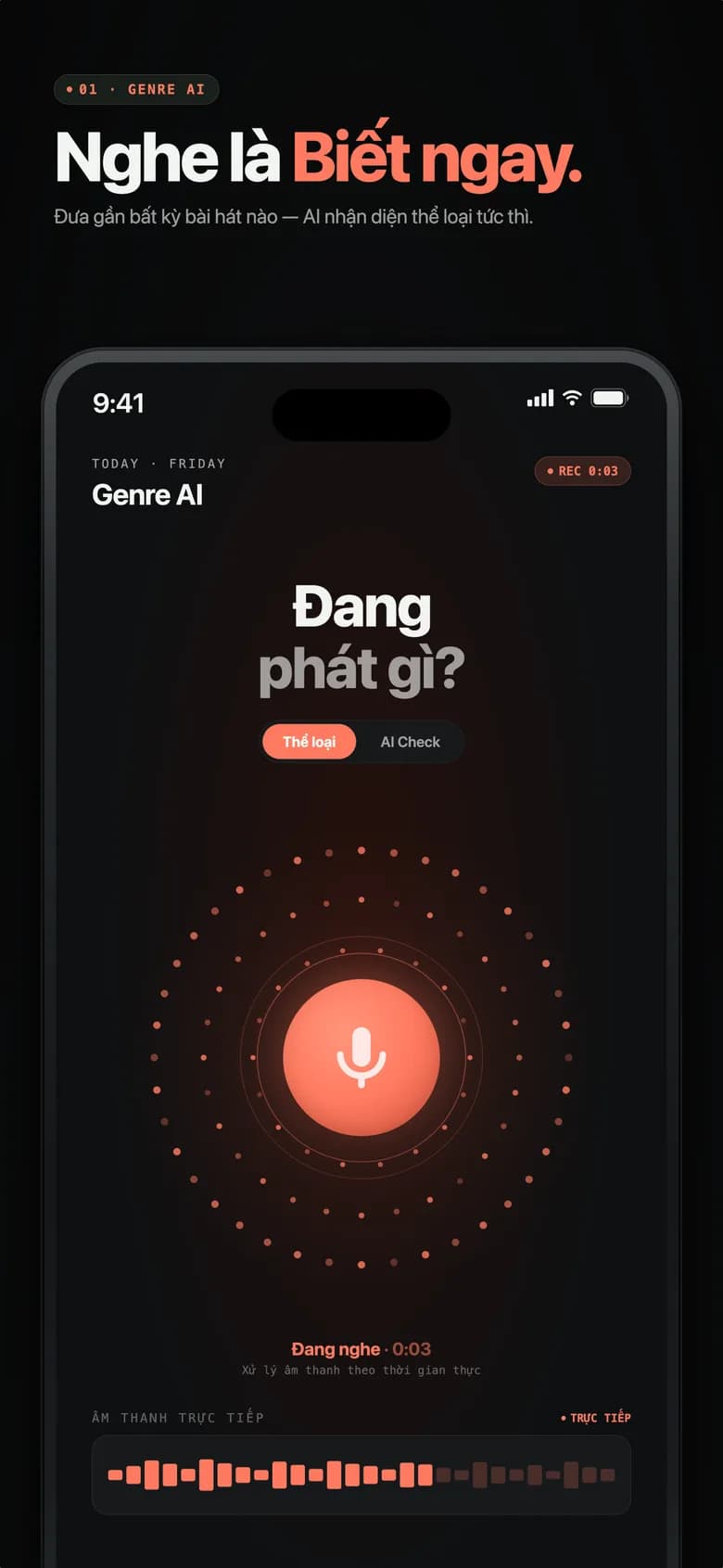 Màn hình chính Genre AI đang phân tích AI với quả cầu phát sáng