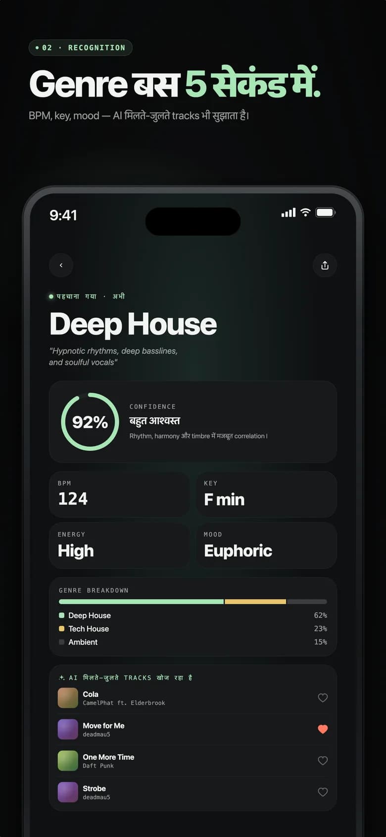 Genre AI रिज़ल्ट स्क्रीन जिसमें विश्वास प्रतिशत के साथ Electro House दिख रहा है