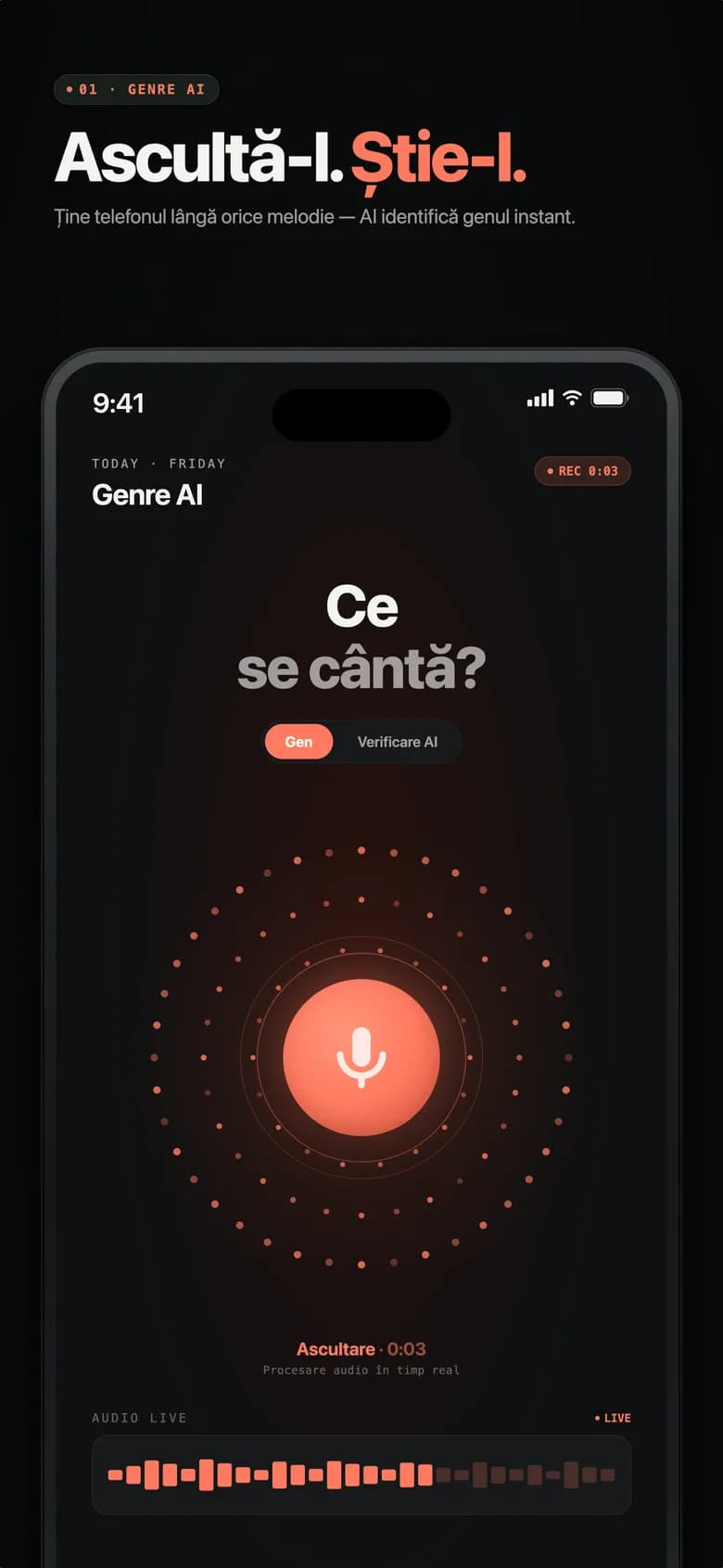 Ecranul principal Genre AI care arată analiza AI în desfășurare cu un orb luminos