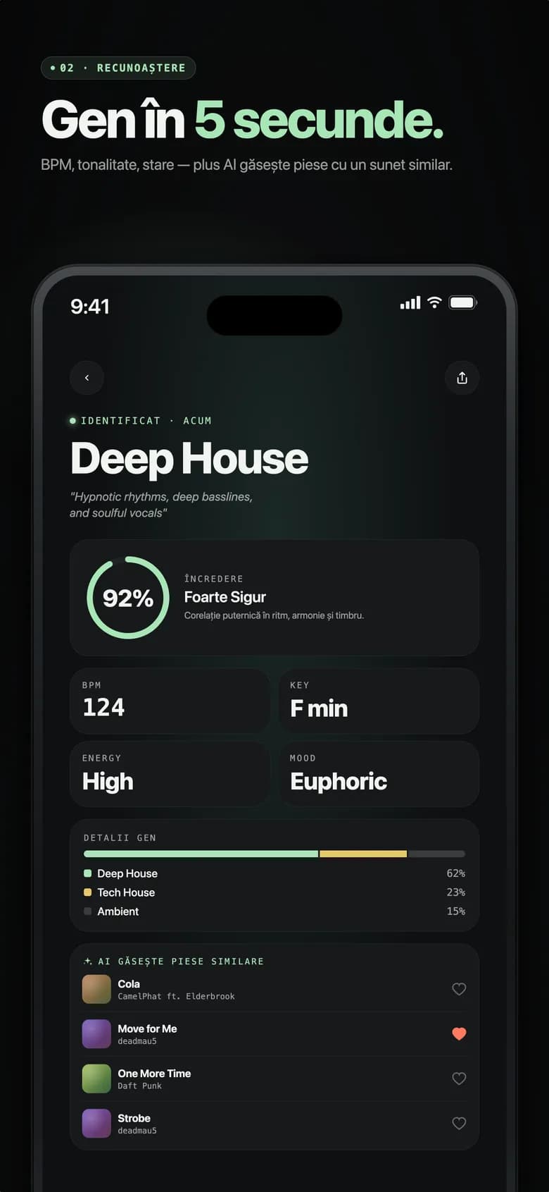 Ecranul de rezultat Genre AI care arată Electro House cu procente de încredere